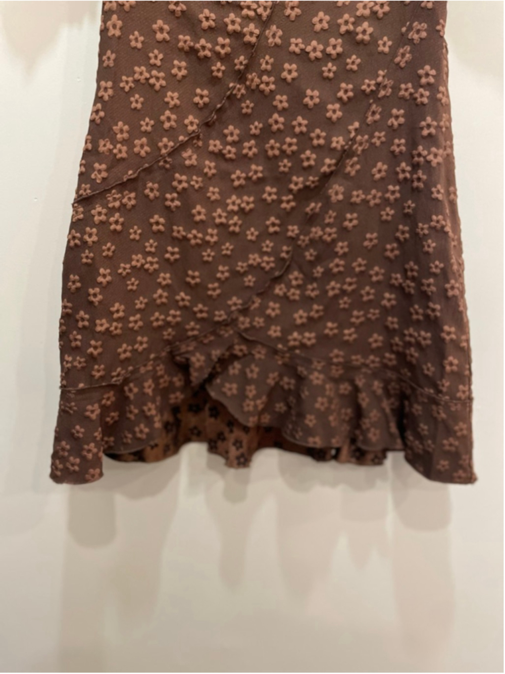 STORIA Brown Floral Babydoll Mini Dress L Puff Sleeves Fairy Grunge Asymmetric - Picture 3 of 9